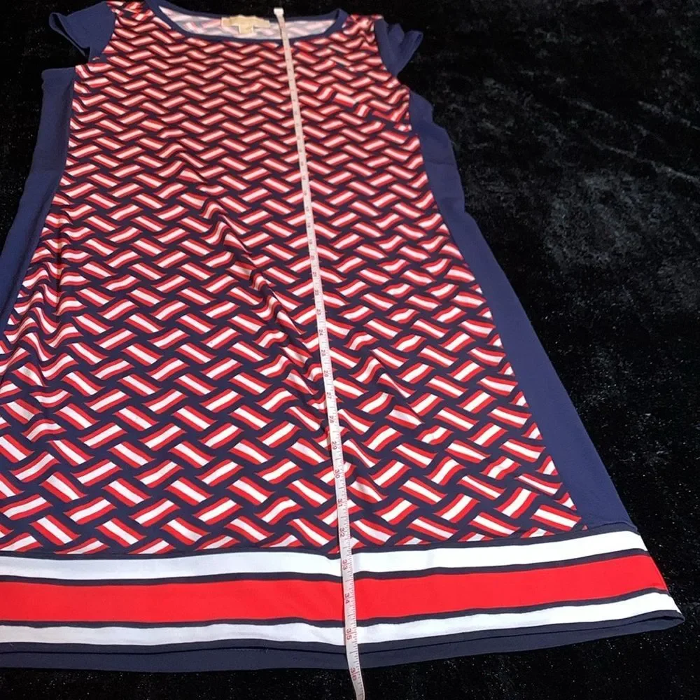 Michael Kors Womens Navy Red Geometric Colorblock Cap Sleeve Shift Dress Medium